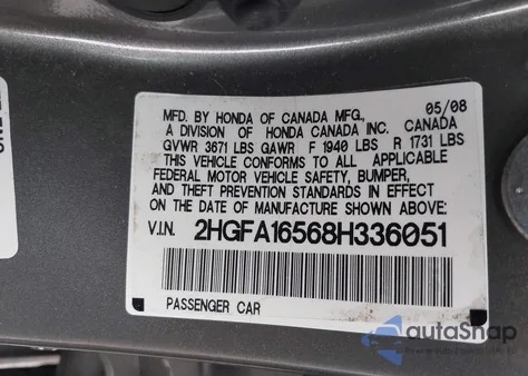 2008 Honda Civic Lx z USA, uszkodzony, nr VIN 2HGFA16568H336051